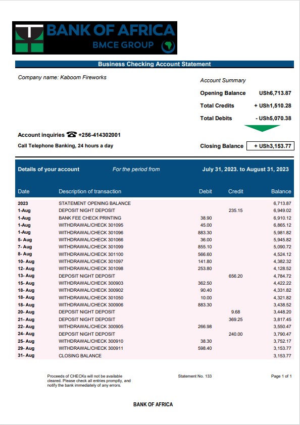 Modèle Word et PDF de relevé de compte d'entreprise de Bank of Africa template